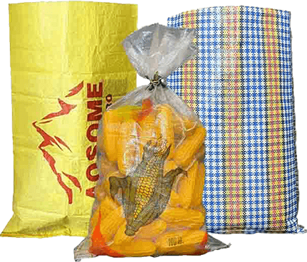 Custom OEM PP woven bags, including mining bags, transparent corn bags, and colorful striped shopping bags.