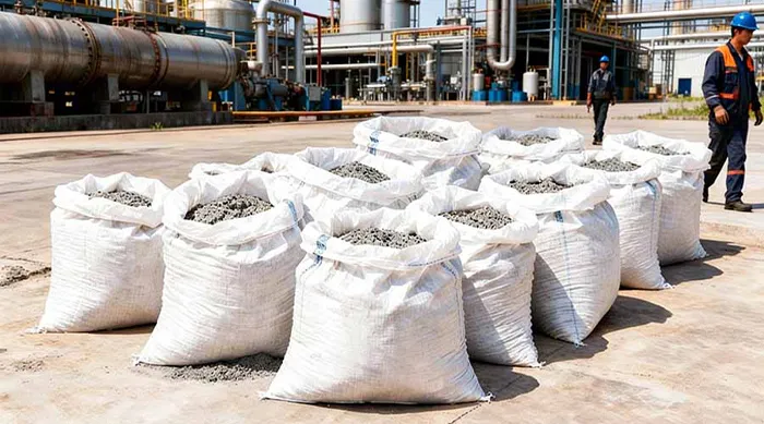 PP woven bags filled with chemical powder at an industrial chemical plant