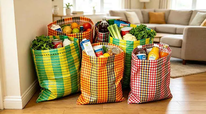 Colorful reusable PP woven shopping bags filled with groceries at home
