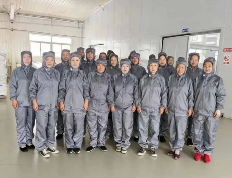 Stitching workshop team in clean uniforms at a PP woven bag factory