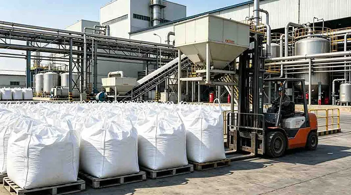 White FIBC bulk bags stored on pallets at a chemical manufacturing plant.