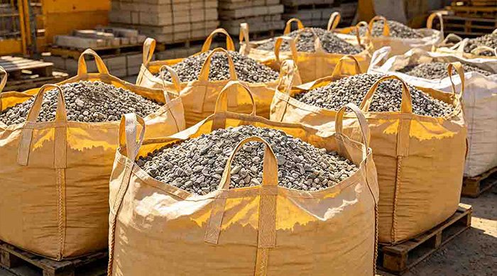 Heavy-duty FIBC bags filled with gravel at a construction site.