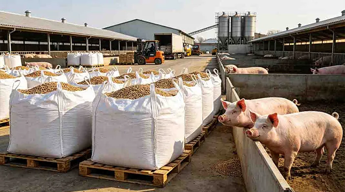 White FIBC bulk bags filled with animal feed pellets on a farm.