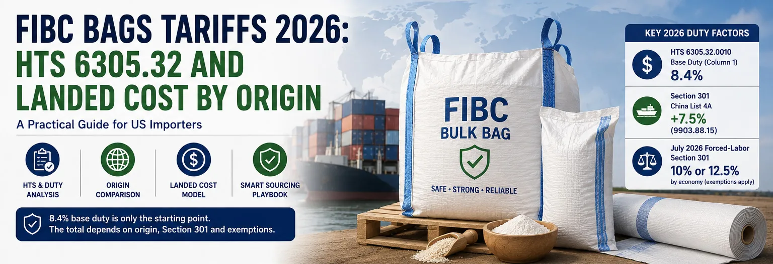 FIBC bags tariffs 2026 with HTS 6305.32 and landed cost by origin