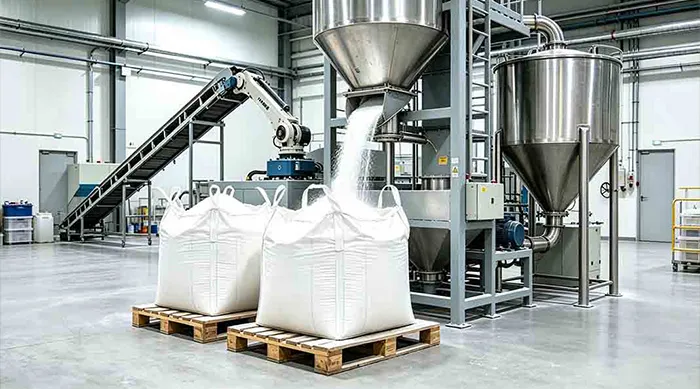 Food-grade FIBC bags being filled with powder in a hygienic food processing facility.