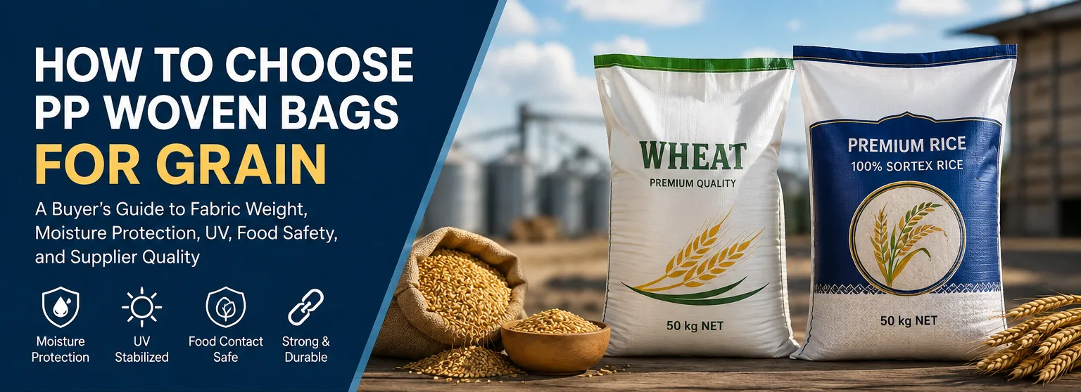 How to choose PP woven bags for grain based on fabric weight, moisture protection, UV stabilization, and food-contact requirements