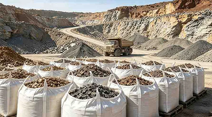 Heavy-duty FIBC bags filled with ore and aggregates at a mining site.