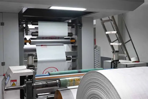 PP woven bag printing machine applying custom graphics to woven fabric rolls