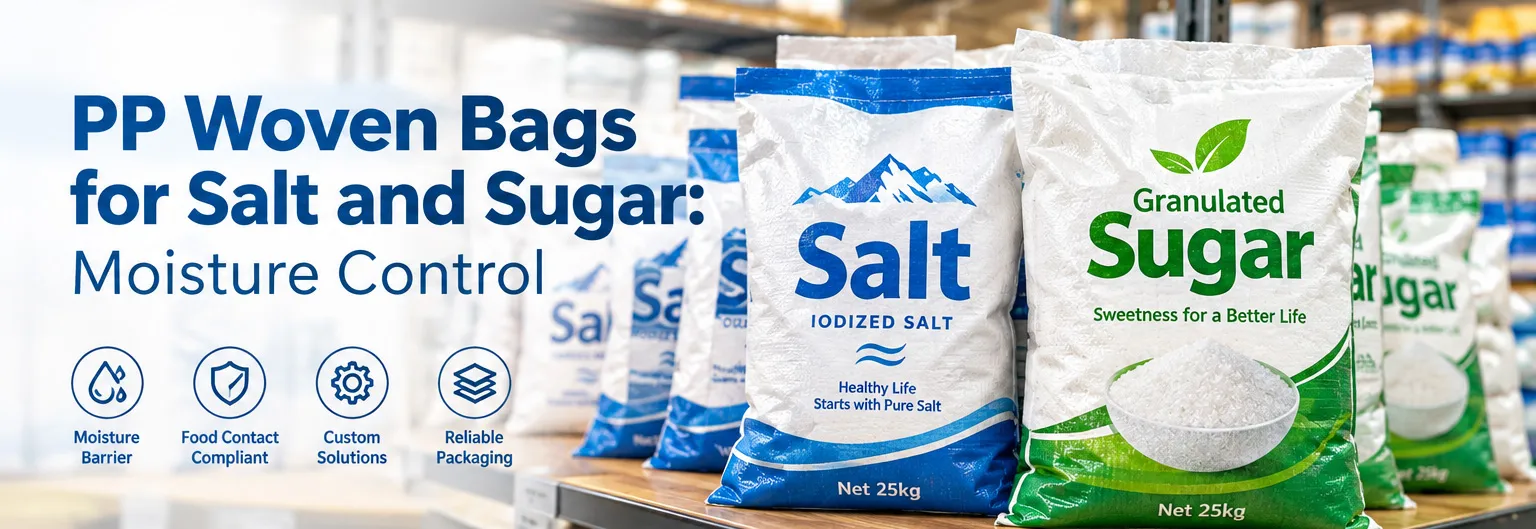 Printed PP woven bags for salt and sugar packaging on a retail display