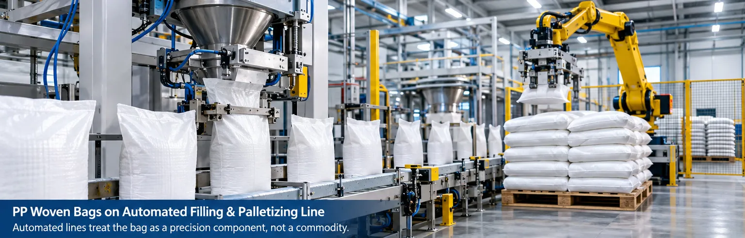 PP woven bags on an automated filling and palletizing line