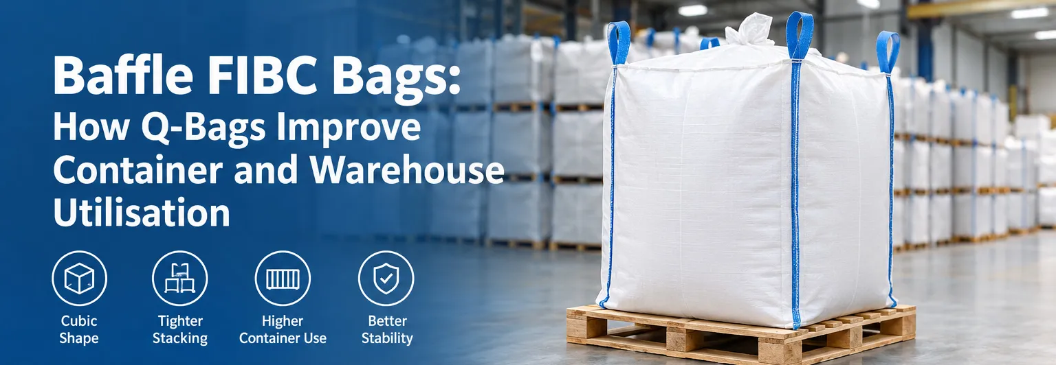 Baffle FIBC bag (Q-bag) maintaining a near-cubic shape on a pallet in a warehouse