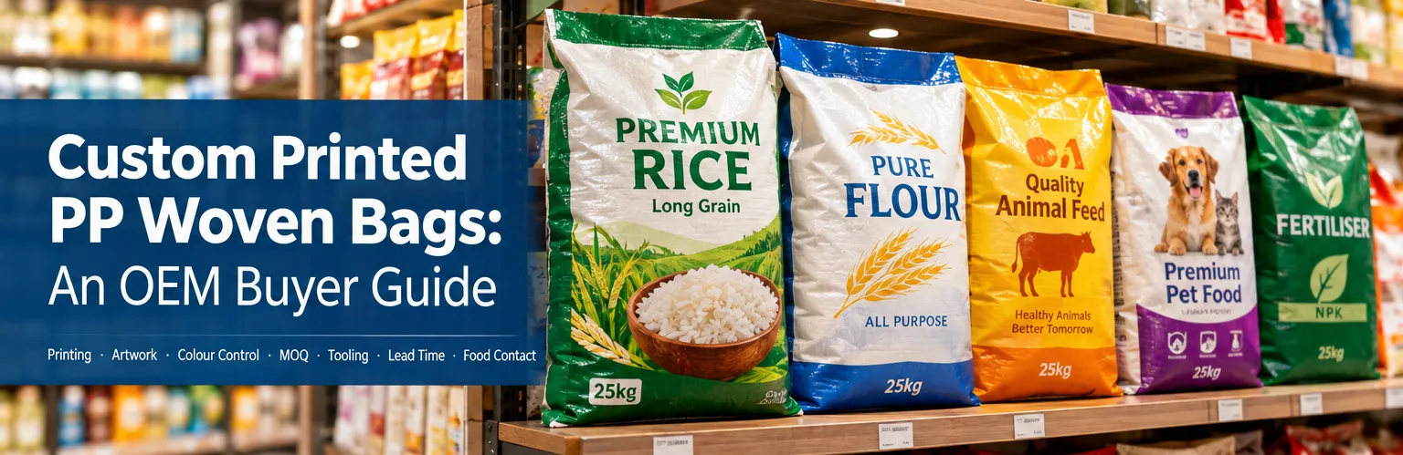 Custom printed PP woven bags for branded rice and flour packaging
