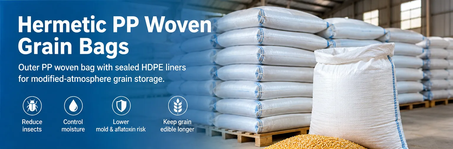 Hermetic PP woven grain storage bags stacked in a warehouse