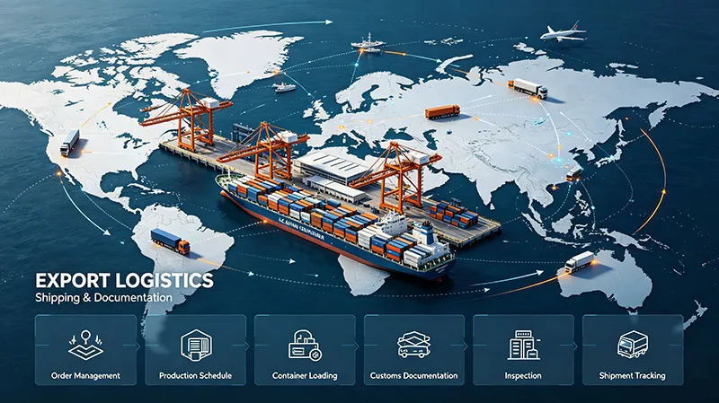 Global export logistics workflow showing order management, production, container loading, customs, inspection, and shipment tracking across worldwide shipping routes