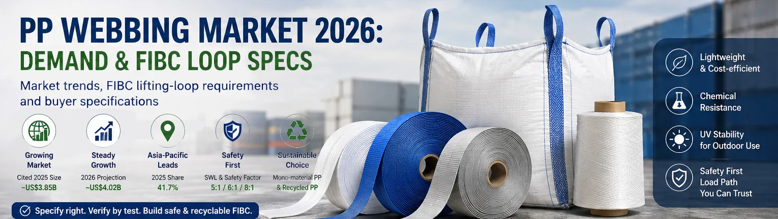 PP webbing market 2026 showing polypropylene webbing rolls and FIBC lifting loop applications