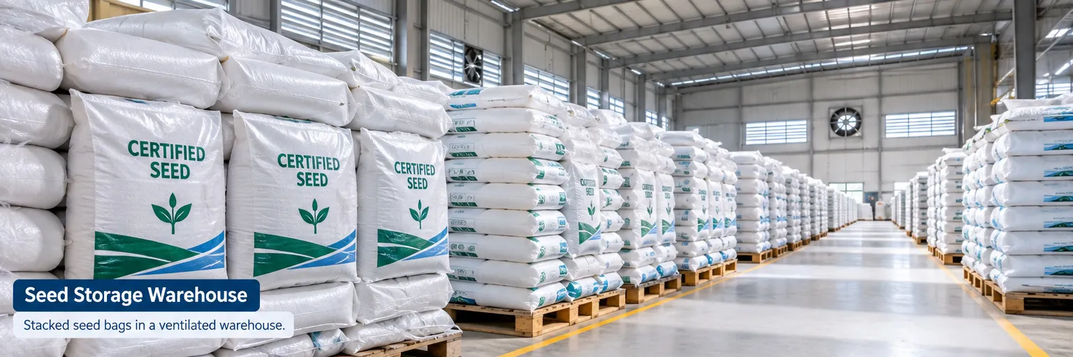 Stacked PP woven seed bags for certified seed storage in a ventilated warehouse