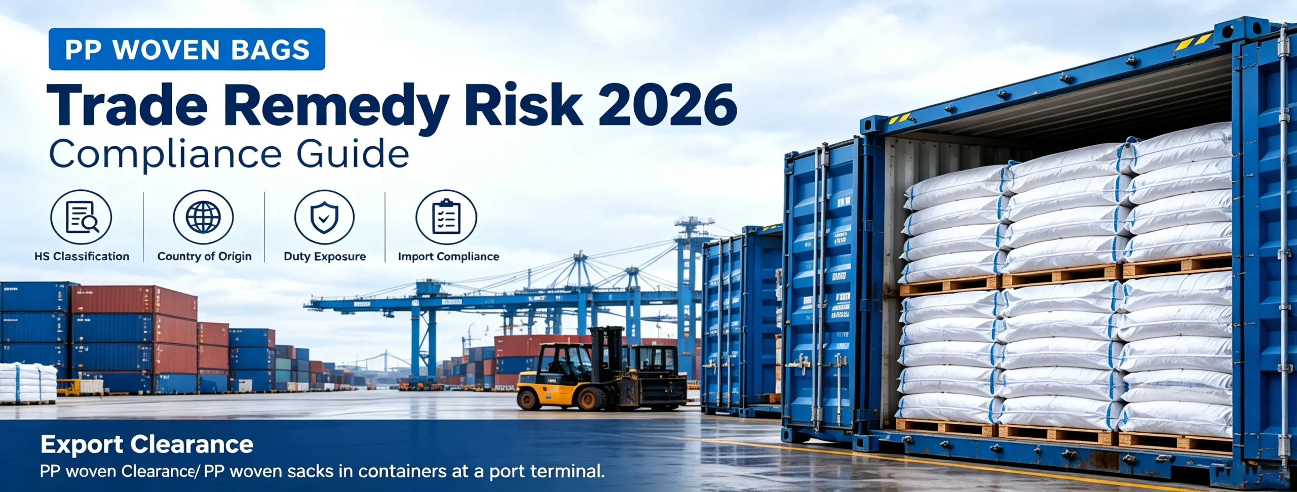 Containers of woven polypropylene sacks at an export terminal awaiting customs clearance