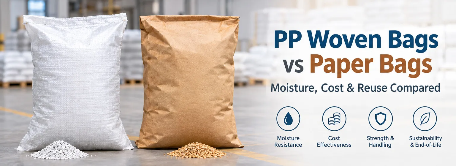 PP woven bag next to a multi-wall paper bag for bulk packaging comparison