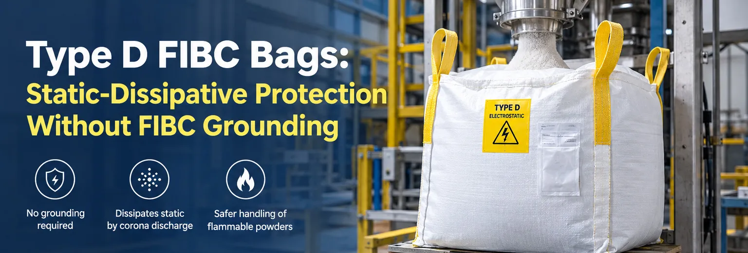Type D FIBC bag with yellow electrostatic label for hazardous powder handling