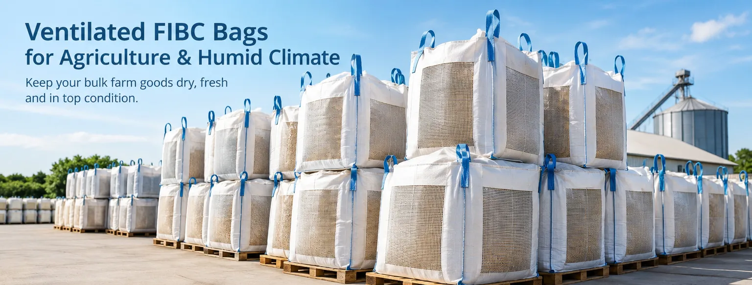 Stack of ventilated FIBC bulk bags with mesh panels in an agricultural storage yard