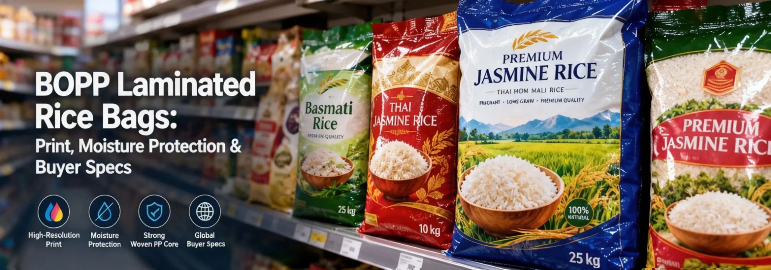 Glossy BOPP laminated rice bags with high-resolution branding on a retail shelf
