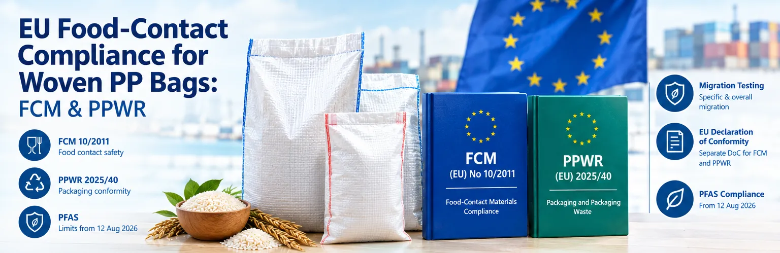Food grade PP woven bags and EU food-contact compliance documents for FCM and PPWR requirements
