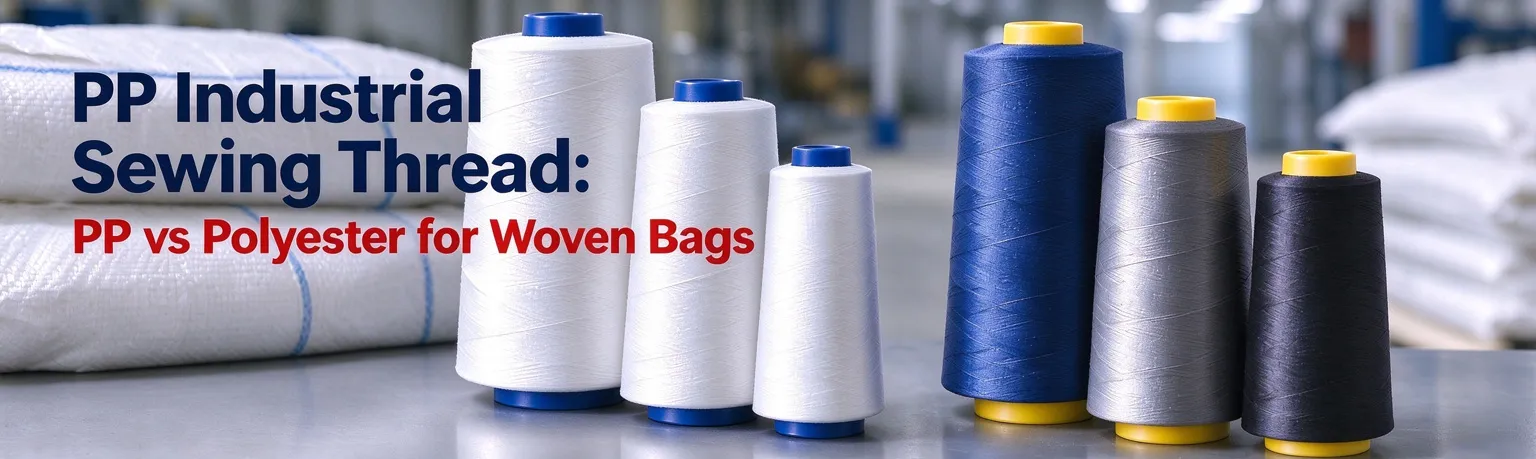 Spools of PP and polyester industrial sewing thread used for woven bag seams