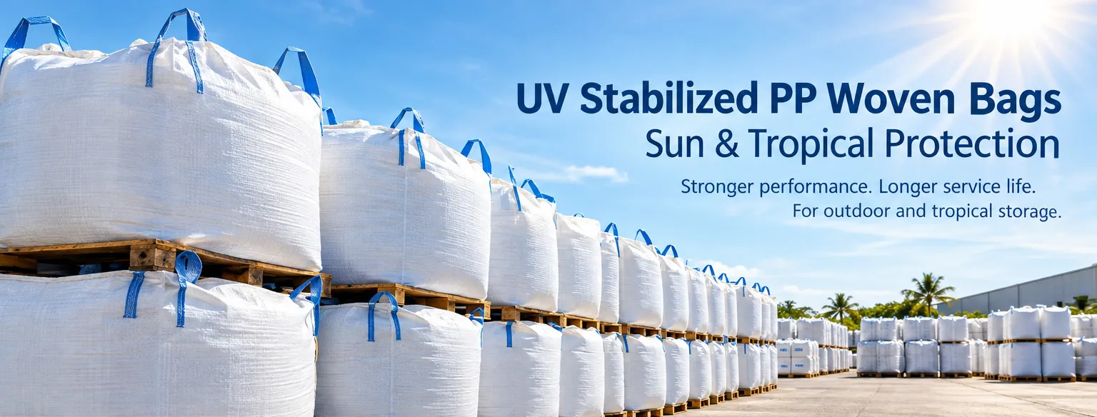 UV-stabilized PP woven bags stored outdoors under strong sunlight